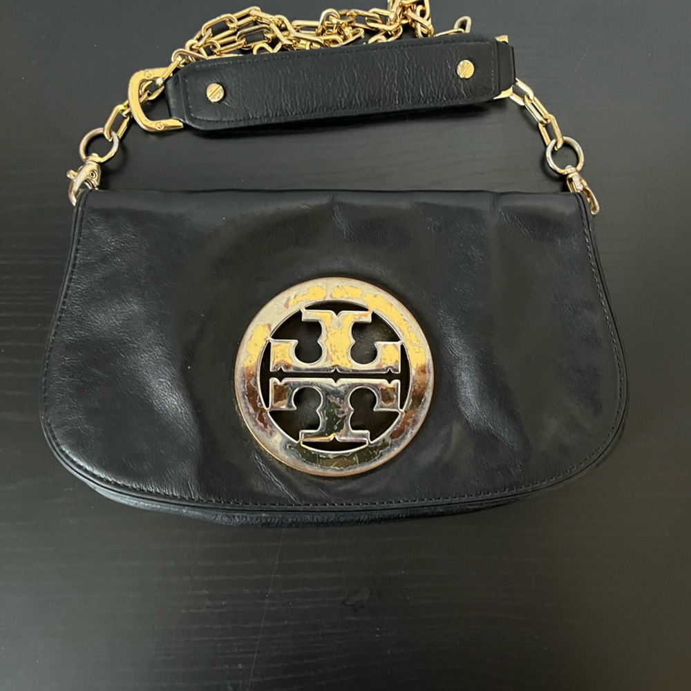 Tory Burch Black Leather Wristlet with Gold Logo Medallion